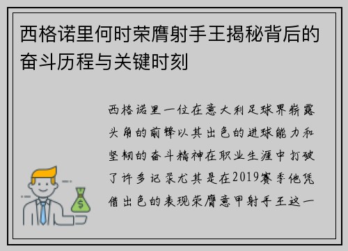 西格诺里何时荣膺射手王揭秘背后的奋斗历程与关键时刻
