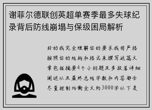谢菲尔德联创英超单赛季最多失球纪录背后防线崩塌与保级困局解析