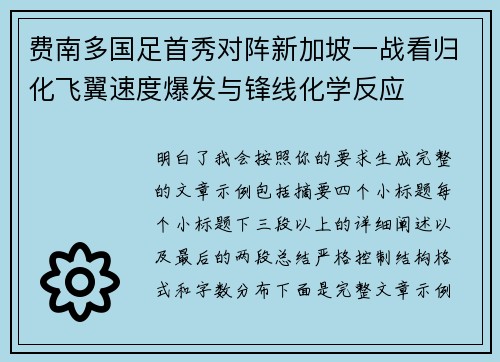 费南多国足首秀对阵新加坡一战看归化飞翼速度爆发与锋线化学反应